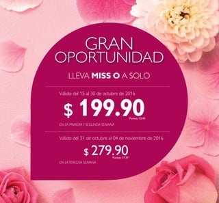 114
OPORTUNIDAD
GRAN
LLEVA MISS O A SOLO
EN LATERCERA SEMANA
EN LA PRIMERAY SEGUNDA SEMANA
$ 199.90Puntos: 12.40
$ 279.90Puntos: 17.37
Válido del 15 al 30 de octubre de 2016
Válido del 31 de octubre al 04 de noviembre de 2016
 