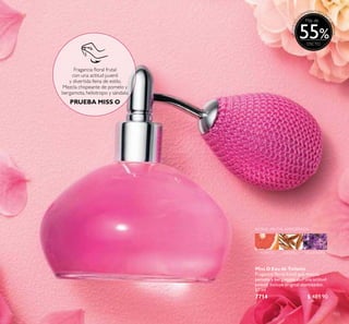 115
Miss O Eau de Toilette
Fragancia loral frutal que mezcla
pomelo y bergamota con una actitud
juvenil. Incluye original atomizador.
50 ml
7714 $ 489.90
Puntos:
Fragancia loral frutal
con una actitud juvenil
y divertida llena de estilo.
Mezcla chispeante de pomelo y
bergamota, heliotropo y sándalo.
PRUEBA MISS O
FLORAL FRUTAL AMADERADA
SÁNDALO HELIOTROPOPOMELO
Más de
55
 