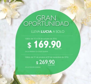 118
OPORTUNIDAD
GRAN
EN LATERCERA SEMANA
EN LA PRIMERAY SEGUNDA SEMANA
LLEVA LUCIA A SOLO
$ 169.90Puntos: 10.54
$ 269.90Puntos: 16.75
Válido del 15 al 30 de octubre de 2016
Válido del 31 de octubre al 04 de noviembre de 2016
 