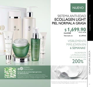 71
CIENCIANATURALSUECACUIDADODELAPIEL
¿CÓMO
FUNCIONA?
SISTEMA ANTI-EDAD
ECOLLAGEN LIGHT
PIEL NORMALA GRASA
*
Prueba de consumidor. Evaluado por 56 mujeres tras 6 semanas de uso.
Crema de día con textura ligera gel crema
de rápida absorción
Sistema Anti-Edad para la piel normal a grasa que combina
laTecnologíaTri-Péptido Patentada y extracto de Células Madre
Vegetales para potenciar y proteger el colágeno en la piel.
VISIBLEMENTE
MÁS JOVEN EN
6 SEMANAS*
Cód.29380
**
Extracto de Células MadreVegetales probado in vitro.
INCREMENTA
LA PRODUCCIÓN
DE COLÁGENO EN
200%
**
NUEVO
$ 2,499.40
$ 1,699.90Puntos: 105.48
Valorizado en:
 