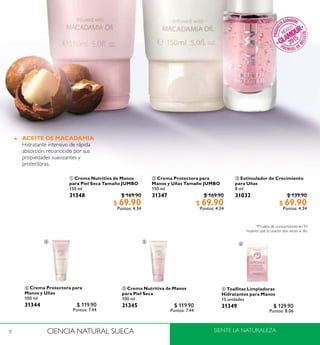 91
CIENCIA NATURAL SUECA SIENTE LA NATURALEZA
 Estimulador de Crecimiento
para Uñas
8 ml
31032 $ 139.90
$ 69.90
Puntos: 4.34
 Crema Protectora para
Manos y Uñas
100 ml
31344 $ 119.90
Puntos: 7.44
 Crema Nutritiva de Manos
para Piel Seca
100 ml
31345 $ 119.90
Puntos: 7.44
 Crema Protectora para
Manos y Uñas Tamaño JUMBO
150 ml
31347 $ 169.90
$ 69.90
Puntos: 4.34
 Crema Nutritiva de Manos
para Piel Seca Tamaño JUMBO
150 ml
31348 $ 169.90
$ 69.90
Puntos: 4.34
 Toallitas Limpiadoras
Hidratantes para Manos
15 unidades
31349 $ 129.90
Puntos: 8.06
 

ACEITE DE MACADAMIA
Hidratante intensivo de rápida
absorción, reconocido por sus
propiedades suavizantes y
protectoras.
 