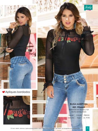 Apliques bordados
BLUSA MARIPOSA
REF. 99M669
Elaborado en viscosa y tull
Silueta semiajustada
TALLAS COLOR PRECIO
S-M-L-XL Negro S/. 79.90
El color, diseño, texturas y aplicaciones podrían variar según la luz e impresión de papel. Las fotografías son referenciales. 3
 
