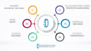MINERÍA
Lixiviación del cobre
SILVOAGROPECUARIO
PROYECTO AGRICULTURA
WINE
SMART
CLINICA
TRACKING
FORESTAL
TREE DRON
CULTIVO
HIDROPONICO
 