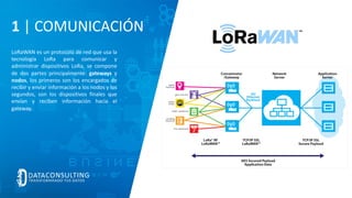 LoRaWAN es un protocolo de red que usa la
tecnología LoRa para comunicar y
administrar dispositivos LoRa, se compone
de dos partes principalmente: gateways y
nodos, los primeros son los encargados de
recibir y enviar información a los nodos y los
segundos, son los dispositivos finales que
envían y reciben información hacia el
gateway.
1 | COMUNICACIÓN
 
