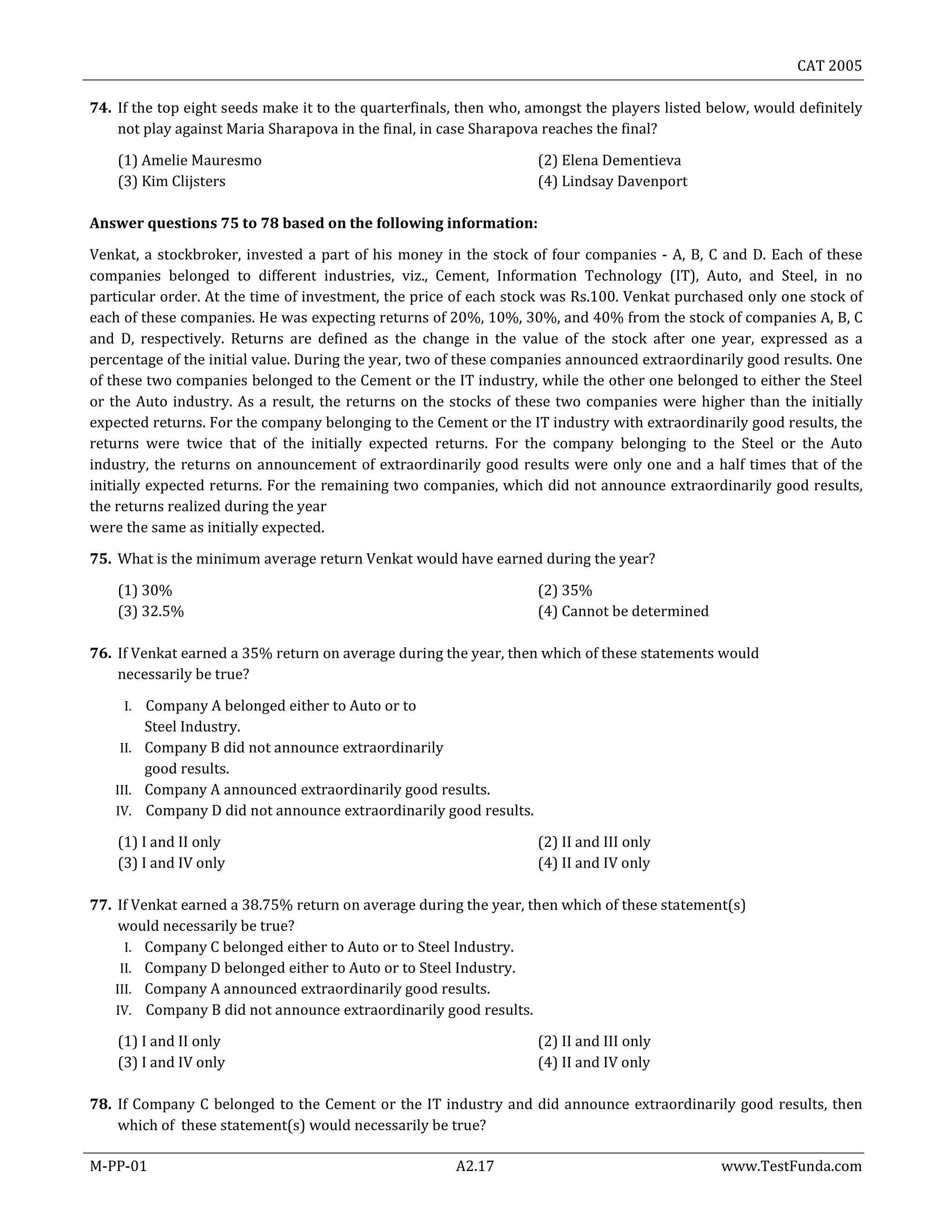 CAT 2005
M-PP-01 A2.17 www.TestFunda.com
74. If the top eight seeds make it to the quarterfinals, then who, amongst the players listed below, would definitely
not play against Maria Sharapova in the final, in case Sharapova reaches the final?
(1) Amelie Mauresmo (2) Elena Dementieva
(3) Kim Clijsters (4) Lindsay Davenport
Answer questions 75 to 78 based on the following information:
Venkat, a stockbroker, invested a part of his money in the stock of four companies - A, B, C and D. Each of these
companies belonged to different industries, viz., Cement, Information Technology (IT), Auto, and Steel, in no
particular order. At the time of investment, the price of each stock was Rs.100. Venkat purchased only one stock of
each of these companies. He was expecting returns of 20%, 10%, 30%, and 40% from the stock of companies A, B, C
and D, respectively. Returns are defined as the change in the value of the stock after one year, expressed as a
percentage of the initial value. During the year, two of these companies announced extraordinarily good results. One
of these two companies belonged to the Cement or the IT industry, while the other one belonged to either the Steel
or the Auto industry. As a result, the returns on the stocks of these two companies were higher than the initially
expected returns. For the company belonging to the Cement or the IT industry with extraordinarily good results, the
returns were twice that of the initially expected returns. For the company belonging to the Steel or the Auto
industry, the returns on announcement of extraordinarily good results were only one and a half times that of the
initially expected returns. For the remaining two companies, which did not announce extraordinarily good results,
the returns realized during the year
were the same as initially expected.
75. What is the minimum average return Venkat would have earned during the year?
(1) 30% (2) 35%
(3) 32.5% (4) Cannot be determined
76. If Venkat earned a 35% return on average during the year, then which of these statements would
necessarily be true?
I. Company A belonged either to Auto or to
Steel Industry.
II. Company B did not announce extraordinarily
good results.
III. Company A announced extraordinarily good results.
IV. Company D did not announce extraordinarily good results.
(1) I and II only (2) II and III only
(3) I and IV only (4) II and IV only
77. If Venkat earned a 38.75% return on average during the year, then which of these statement(s)
would necessarily be true?
I. Company C belonged either to Auto or to Steel Industry.
II. Company D belonged either to Auto or to Steel Industry.
III. Company A announced extraordinarily good results.
IV. Company B did not announce extraordinarily good results.
(1) I and II only (2) II and III only
(3) I and IV only (4) II and IV only
78. If Company C belonged to the Cement or the IT industry and did announce extraordinarily good results, then
which of these statement(s) would necessarily be true?
 