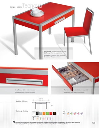 mesas · tables      Tecnova




                                                                       Mesa Tecnova · Encimera Cristalcolor rojo brillo
                                                                       Silla Concept · Asiento y respaldo rojo
                                                                       Tecnova table · Cristalcolor glossy red worktop
                                                                       Concept chair · Red seat and back




      Mesa Tecnova · Cajón y tirador integrados                                                                    Mesa Tecnova · Cajón cubertero de gran capacidad
      Tecnova table · Built-in handle and drawer                                                                   Tecnova table· Large capacity cutlery drawer



                                                            110 x 65
                                            29              130 x 75           29
        Medidas · Measures                   cm               cm               cm




                                                                                      78   cm




        Encimera · Worktop                CRISTAL · GLASS                                                        FACET



                                          TEOREMA NOVO




      Consulte las características técnicas y las versiones de acabado de este producto en la página 77 de nuestra tarifa de precios
      Please go to page 77 of our price list to learn about the product’s technical specifications and choice of finishes
                                                                                                                                                                      109
 