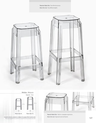 Taburetes Mystic Bar · Dos diferentes alturas
                                                                                            Mystic Bar stool · Two different heights




                                               Medidas · Measures
                                                           Taburete · Stool




                                                                                76     cm
                                                 65   cm




                                     36                             36
                                     cm                             cm

                             Mystic Bar 65                  Mystic Bar 75
                                                                                                             Taburete Mystic Bar · Asiento y reposapies ergonómico

Consulte versiones, acabados y códigos en la página 89 de nuestra tarifa                                     Mystic Bar stool · Ergonomic seat and footrest
  Please go to page 89 of our price list to consult the versions, finishes and codes                                                                                 127
 