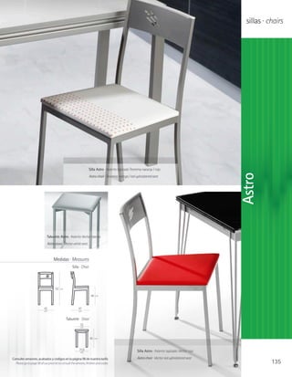 sillas · chairs




                                                                    Silla Astro · Asiento tapizado Teorema naranja / rojo




                                                                                                                                                    Astro
                                                                    Astro chair · Teorema orange / red upholstered seat




                              Taburete Astro · Asiento Vector blanco
                              Astro stool · Vector white seat.



                                    Medidas · Measures
                                                    Silla · Chair




                                     82   cm

                                                                     48   cm




                           42                             47
                            cm                            cm


                                               Taburete · Stool
                                                           32
                                                           cm



                                                                    45    cm



                                                          31,5                                         Silla Astro · Asiento tapizado Vector rojo
                                                           cm

Consulte versiones, acabados y códigos en la página 98 de nuestra tarifa                               Astro chair · Vector red upholstered seat
  Please go to page 98 of our price list to consult the versions, finishes and codes                                                                            135
 