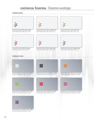 encimeras Teorema · Teorema worktops
     TEOREMA NOVO




     Teorema Novo blanco brillo / gris · negro        Teorema Novo blanco brillo / naranja · gris    Teorema Novo blanco brillo / verde · gris
     Teorema Novo glossy white / grey · black         Teorema Novo glossy white / orange · grey      Teorema Novo glossy white / green · grey




     Teorema Novo blanco brillo / rojo · gris         Teorema Novo blanco brillo / fucsia · gris     Teorema Novo blanco brillo / violeta · gris
     Teorema Novo glossy white / red · grey           Teorema Novo glossy white / fuchsia · grey     Teorema Novo glossy white / violet · grey




     TEOREMA OCEAN




     Teorema Ocean gris metalizado brillo / blanco    Teorema Ocean gris metalizado brillo / negro   Teorema Ocean gris metalizado brillo / naranja
     Teorema Ocean glossy metallic grey / white       Teorema Ocean glossy metallic grey / black     Teorema Ocean glossy metallic grey / orange




     Teorema Ocean gris metalizado brillo / verde     Teorema Ocean gris metalizado brillo / rojo    Teorema Ocean gris metalizado brillo / fucsia
     Teorema Ocean glossy metallic grey / green       Teorema Ocean glossy metallic grey / red       Teorema Ocean glossy metallic grey / fuchsia




     Teorema Ocean gris metalizado brillo / violeta
     Teorema Ocean glossy metallic grey / violet



12
 