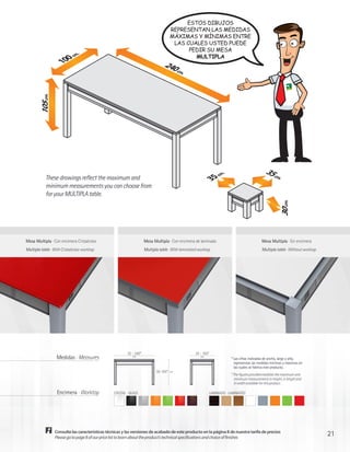 ESTOS DIBUJOS
                                                                                      REPRESENTAN LAS MEDIDAS
                                                                                      MÁXIMAS Y MÍNIMAS ENTRE
                                                                                       LAS CUALES USTED PUEDE
                                                                                            PEDIR SU MESA
                                                                                              MULTIPLA


                            .
                           m
                   0c                                                            240
                 10
                                                                                     cm.
       105 cm.




                                                                                                                                                  35 cm




                                                                                                                   .
                                                                                                                  m
            These drawings reflect the maximum and                                                                                                     .




                                                                                                          c
                                                                                                       35
            minimum measurements you can choose from
            for your MULTIPLA table.




                                                                                                                                                           30 cm.
Mesa Multipla · Con encimera Cristalcolor                            Mesa Multipla · Con encimera de laminado                                  Mesa Multipla · Sin encimera
Multipla table · With Cristalcolor worktop                           Multipla table · With laminated worktop                                   Multipla table · Without worktop




                                                         35 - 240*                                 35 - 100*
                  Medidas · Measures                        cm                                        cm
                                                                                                                           * Las cifras indicadas de ancho, largo y alto,
                                                                                                                             representan las medidas mínimas y máximas en
                                                                                                                             las cuales se fabrica este producto.
                                                                            30-105*   cm
                                                                                                                           * The figures provided establish the maximum and
                                                                                                                             minimum measurements in height, in length and
                                                                                                                             in width available for this product.

                   Encimera · Worktop            CRISTAL · GLASS                                               LAMINADO · LAMINATED




                 Consulte las características técnicas y las versiones de acabado de este producto en la página 8 de nuestra tarifa de precios
                 Please go to page 8 of our price list to learn about the product’s technical specifications and choice of finishes
                                                                                                                                                                                  21
 