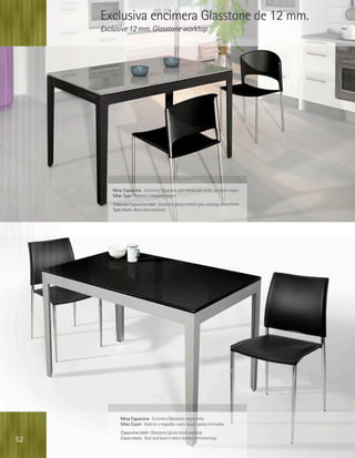 Exclusiva encimera Glasstone de 12 mm.
     Exclusive 12 mm. Glasstone worktop




        Mesa Capuccina · Encimera Glasstone gris metalizado brillo, armazón negro
        Sillas Type · Asiento y respaldo negro
        Todocolor Capuccina table · Glasstone glossy metallic grey worktop, black frame
        Type chairs· Black seat and back




            Mesa Capuccina · Encimera Glasstone negro brillo
            Sillas Cuore · Asiento y respaldo cuero negro, patas cromadas
            Capuccina table · Glasstone glossy black worktop
52          Cuore chairs · Seat and back in black leather, chromed legs
 