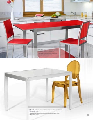 Mesa Zeta · Encimera Cristalcolor rojo brillo
                    Sillas Zafir · Asiento y respaldo rojo
                    Zeta table · Cristalcolor glossy red worktop
                    Zafir chairs · Red seat and back




Mesa Zeta Todocolor · Encimera Cristalcolor blanco brillo, armazón blanco
Silla Mystic · Ámbar
Todocolor Zeta table · Cristalcolor glossy white worktop, white frame
Mystic chair · Amber                                                        63
 