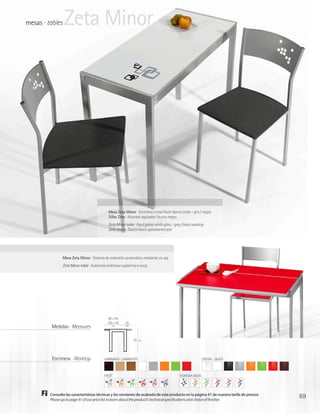 mesas · tables   Zeta Minor




                                             Mesa Zeta Minor · Encimera cristal Facet blanco brillo - gris / negro
                                             Sillas Zeta · Asientos tapizados Stucco negro
                                             Zeta Minor table · Facet glossy white glass - grey / black worktop
                                             Zeta chairs · Stucco black upholstered seat




                Mesa Zeta Minor · Sistema de extensión automático mediante un ala
                Zeta Minor table · Automatic extension system by a wing




                                              80 x 45
                                             100 x 45   25
          Medidas · Measures                   cm        cm




                                                              74   cm




          Encimera · Worktop               LAMINADO · LAMINATED                                              CRISTAL · GLASS



                                           FACET                                              TEOREMA NOVO




         Consulte las características técnicas y las versiones de acabado de este producto en la página 41 de nuestra tarifa de precios
         Please go to page 41 of our price list to learn about the product’s technical specifications and choice of finishes
                                                                                                                                          69
 