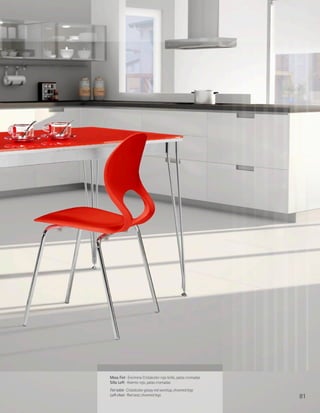 Mesa Fiel · Encimera Cristalcolor rojo brillo, patas cromadas
Silla Loft · Asiento rojo, patas cromadas
Fiel table · Cristalcolor glossy red worktop, chromed legs
Loft chair · Red seat, chromed legs                             81
 