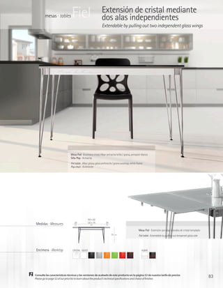 mesas · tables         Fiel                          Extensión de cristal mediante
                                                             dos alas independientes
                                                             Extendable by pulling out two independent glass wings




                               Mesa Fiel · Encimera cristal Albar antracita brillo / grana, armazón blanco
                               Silla Pop · Antracita
                               Fiel table · Albar glossy glass anthracite / grana worktop, white frame
                               Pop chair · Anthracite




                                               100 x 60
                                  29           120 x 70          29
 Medidas · Measures               cm              cm             cm


                                                                                                  Mesa Fiel · Extensión por alas laterales de cristal templado
                                                                       75   cm
                                                                                                  Fiel table · Extendable by pulling out tempered-glass side



 Encimera · Worktop             CRISTAL · GLASS                                                      ALBAR




Consulte las características técnicas y las versiones de acabado de este producto en la página 52 de nuestra tarifa de precios
Please go to page 52 of our price list to learn about the product’s technical specifications and choice of finishes
                                                                                                                                                                 83
 