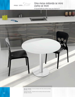 mesas · tables   Star                         Una mesa redonda se mire
                                                   como se mire
                                                   A round table by either way you look at it




                      Mesa Star Todocolor · Encimera Cristalcolor hielo mate, columna y pie blanco
                      Sillas Pop · Antracita
                      Todocolor Star table · Cristalcolor matt ice worktop, white column and base
90                    Hot chairs · Anthracite
 