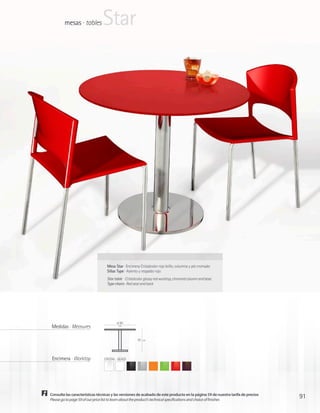 mesas · tables         Star




                                  Mesa Star · Encimera Cristalcolor rojo brillo, columna y pie cromado
                                  Sillas Type · Asiento y respaldo rojo
                                  Star table · Cristalcolor glossy red worktop, chromed column and base
                                  Type chairs · Red seat and back




                                        ø 90
 Medidas · Measures                      cm




                                                      70   cm




 Encimera · Worktop             CRISTAL · GLASS




Consulte las características técnicas y las versiones de acabado de este producto en la página 59 de nuestra tarifa de precios
Please go to page 59 of our price list to learn about the product’s technical specifications and choice of finishes
                                                                                                                                 91
 