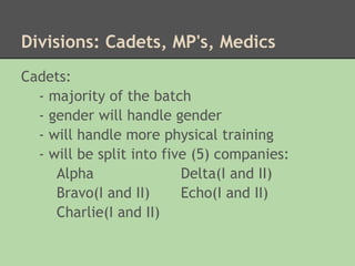 Divisions: Cadets, MP's, Medics
Cadets:
  - majority of the batch
  - gender will handle gender
  - will handle more physical training
  - will be split into five (5) companies:
     Alpha                Delta(I and II)
     Bravo(I and II)      Echo(I and II)
     Charlie(I and II)
 