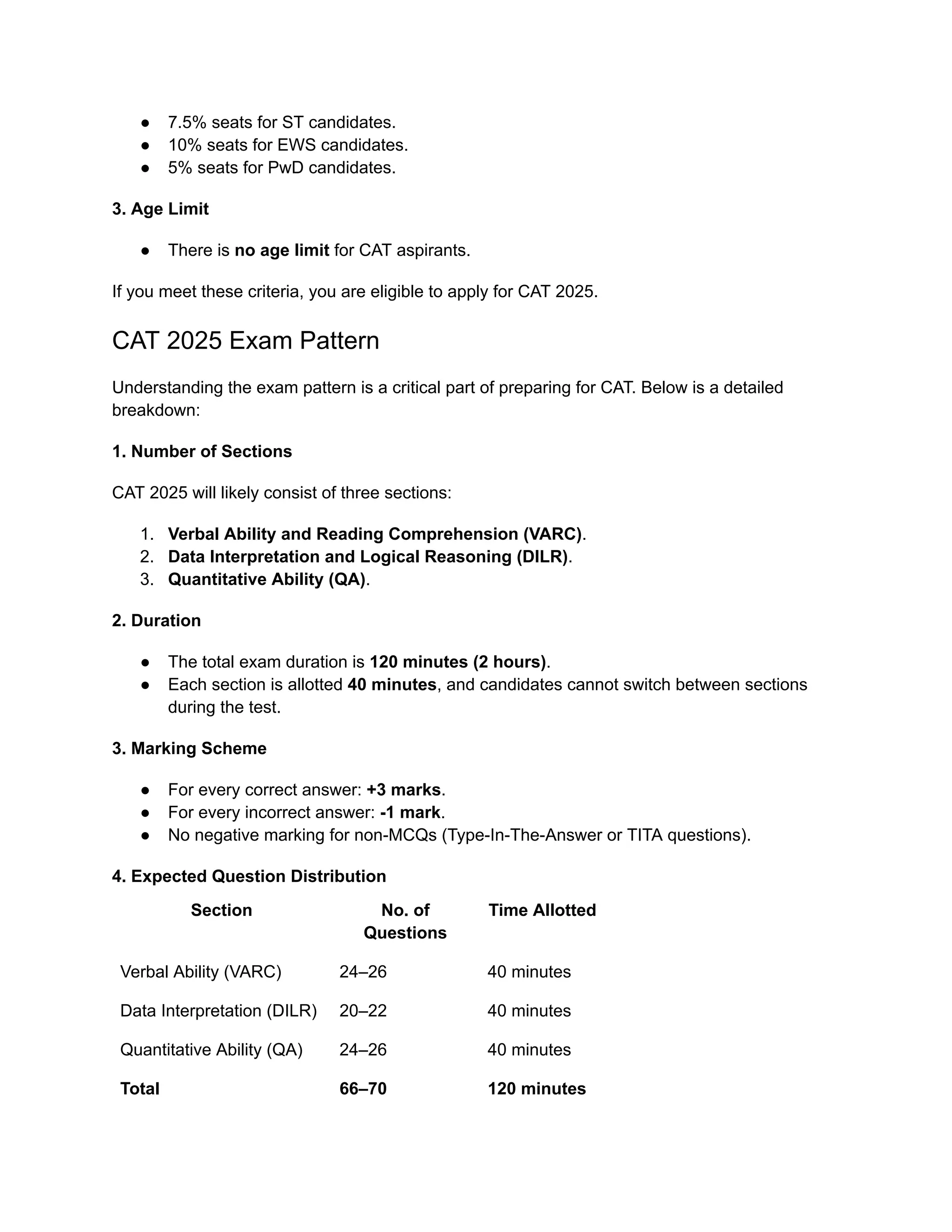 ● 7.5% seats for ST candidates.
● 10% seats for EWS candidates.
● 5% seats for PwD candidates.
3. Age Limit
● There is no age limit for CAT aspirants.
If you meet these criteria, you are eligible to apply for CAT 2025.
CAT 2025 Exam Pattern
Understanding the exam pattern is a critical part of preparing for CAT. Below is a detailed
breakdown:
1. Number of Sections
CAT 2025 will likely consist of three sections:
1. Verbal Ability and Reading Comprehension (VARC).
2. Data Interpretation and Logical Reasoning (DILR).
3. Quantitative Ability (QA).
2. Duration
● The total exam duration is 120 minutes (2 hours).
● Each section is allotted 40 minutes, and candidates cannot switch between sections
during the test.
3. Marking Scheme
● For every correct answer: +3 marks.
● For every incorrect answer: -1 mark.
● No negative marking for non-MCQs (Type-In-The-Answer or TITA questions).
4. Expected Question Distribution
Section No. of
Questions
Time Allotted
Verbal Ability (VARC) 24–26 40 minutes
Data Interpretation (DILR) 20–22 40 minutes
Quantitative Ability (QA) 24–26 40 minutes
Total 66–70 120 minutes
 