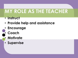 InstructProvide help and assistanceEncourageCoachMotivateSuperviseMY ROLE AS THE TEACHER