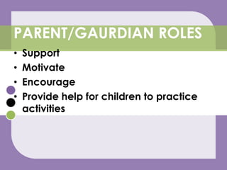 SupportMotivateEncourageProvide help for children to practice activitiesPARENT/GAURDIAN ROLES