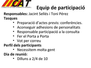 Equip de participació Responsables:  Jacint Sellés i Toni Pérez Tasques Preparació d’actes previs: conferències. Aconseguir adhesions de personalitats Responsable participació a la consulta Fer el Porta a Porta Vot per correu Perfil dels participants Necessitem molta gent Dia de reunió:  Dilluns a 2/4 de 10 