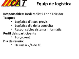 Equip de logística Responsables:  Jordi Molist i Enric Teixidor Tasques Logística d’actes previs Logística dia de la consulta Responsables sistema informàtic Perfil dels participants Força gent  Dia de reunió:  Dilluns a 2/4 de 10 