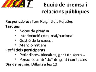 Equip de premsa i relacions públiques Responsables:  Toni Reig i Lluís Pujades Tasques Notes de premsa  Interlocució comarcal/nacional Gestió de la xarxa...  Atenció mitjans Perfil dels participants Periodistes, blocaires, gent de xarxa...  Persones amb “do” de gent i contactes Dia de reunió:  Dilluns a les 10 