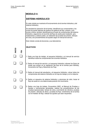 Curso : Excavadora 365C 105 Material del Estudiante
DCSE0041 Modulo 4
Ferreyros S.A.A. Desarrollo Técnico
Jorge Gorritti Agosto 05 Manual del Estudiante 365C - Modulo 4
MODULO 4:
SISTEMA HIDRÁULICO
En este módulo se mostrará el funcionamiento de la bomba hidráulica y del
sistema hidráulico.
Se estudiará la operación de la bomba, identificará sus componentes y los
puntos de ajuste además de explicar los gráficos de flujo, presión y sus
puntos críticos, también identificaremos el resto de componentes del sistema
hidráulico, seguiremos el recorrido del flujo de aceite para traslación, giro,
implementos y sistema piloto, se realizarán las pruebas de presión, tiempos
de ciclo y los procedimientos de ajustes según el manual de servicio.
Este módulo consta de lecciones y sus laboratorios
INICIO
FIN
OBJETIVOS
1. Dada una hoja de trabajo, el esquema hidráulico y el manual de servicio
identificar todos los componentes de la bomba hidráulica
2. Dados el manual de servicio y el esquema hidráulico colorear los flujos de
aceite que actúan en la regulación del flujo de la bomba para Standby,
Incremento de Flujo y Reducción de Flujo
3. Dados el manual del estudiante y el esquema hidráulico, ubicar todos los
componentes del sistema hidráulico en la hoja de trabajo y en la máquina
4. Dados un esquema de sistema hidráulico y plumones de color, trazar el
flujo de aceite en una determinada posición de movimiento.
5. Dados una hoja de trabajo, Excavadora 365C, el Manual de Pruebas y
Ajustes y herramientas apropiadas, realizar los procedimientos de las
pruebas operacionales: tiempo de ciclo y corrimiento de cilindros, pruebas
de presión: válvulas de alivio y pruebas de flujo: rendimiento de la bomba
con el medidor de flujo, realizar los ajustes que sean requeridos
 