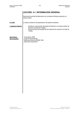 Curso : Excavadora 365C 106 Material del Estudiante
DCSE0041 Modulo 4
Ferreyros S.A.A. Desarrollo Técnico
Jorge Gorritti Agosto 05 Manual del Estudiante 365C - Modulo 4
LECCIÓN 4.1: INFORMACION GENERAL
Esta lección permite familiarizarse con el sistema hidráulico general y el
sistema piloto
CLASE La clase consiste en la presentación del sistema hidráulico
LABORATORIOS - Identificar componentes del sistema hidráulico y el sistema piloto de
acuerdo a la Hoja de Trabajo
- Trazar los flujos principales de los sistemas de acuerdo a la Hoja de
Trabajo
MATERIAL
NECESARIO
_ Excavadora 365C
_ Caja de Herramientas
_ Manual de Servicio RENR 7304
_ Manual de Estudiante
 