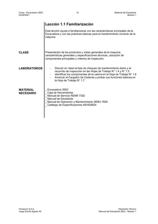 Curso : Excavadora 365C 10 Material del Estudiante
DCSE0041 Modulo 1
Ferreyros S.A.A. Desarrollo Técnico
Jorge Gorritti Agosto 05 Manual del Estudiante 365C - Modulo 1
Lección 1.1 Familiarización
Esta lección ayuda a familiarizarse con las características principales de la
Excavadora y con las prácticas básicas para el mantenimiento correcto de la
máquina
CLASE Presentación de los productos y vistas generales de la maquina,
características generales y especificaciones técnicas, ubicación de
componentes principales y criterios de inspección.
LABORATORIOS - Discutir en clase la lista de chequeo de mantenimiento diario y el
recorrido de inspección en las Hojas de Trabajo N° 1.4 y N° 1.5.
- Identificar los componentes de la cabina en la Hoja de Trabajo N° 1.6
- Arrancar el Cargador de Cadenas y probar sus funciones básicas en
la Hoja de Trabajo N° 1.7
MATERIAL
NECESARIO
_ Excavadora 365C
_ Caja de Herramientas
_ Manual de Servicio RENR 7302
_ Manual de Estudiante
_.Manual de Operación y Mantenimiento SEBU 7826
_ Catálogo de Especificaciones AEHQ5624
 