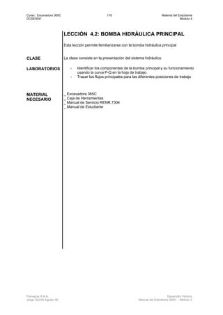 Curso : Excavadora 365C 116 Material del Estudiante
DCSE0041 Modulo 4
Ferreyros S.A.A. Desarrollo Técnico
Jorge Gorritti Agosto 05 Manual del Estudiante 365C - Modulo 4
LECCIÓN 4.2: BOMBA HIDRÁULICA PRINCIPAL
Esta lección permite familiarizarse con la bomba hidráulica principal
CLASE La clase consiste en la presentación del sistema hidráulico
LABORATORIOS - Identificar los componentes de la bomba principal y su funcionamiento
usando la curva P-Q en la hoja de trabajo
- Trazar los flujos principales para las diferentes posiciones de trabajo
MATERIAL
NECESARIO
_ Excavadora 365C
_ Caja de Herramientas
_ Manual de Servicio RENR 7304
_ Manual de Estudiante
 