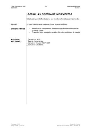 Curso : Excavadora 365C 123 Material del Estudiante
DCSE0041 Modulo 4
Ferreyros S.A.A. Desarrollo Técnico
Jorge Gorritti Agosto 05 Manual del Estudiante 365C - Modulo 4B
LECCIÓN 4.3: SISTEMA DE IMPLEMENTOS
Esta lección permite familiarizarse con el sistema hidráulico de implementos
CLASE La clase consiste en la presentación del sistema hidráulico
LABORATORIOS - Identificar los componentes del sistema y su funcionamiento en las
hojas de trabajo
- Trazar los flujos principales para las diferentes posiciones de trabajo
MATERIAL
NECESARIO
_ Excavadora 365C
_ Caja de Herramientas
_ Manual de Servicio RENR 7304
_ Manual de Estudiante
 
