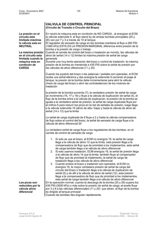 Curso : Excavadora 365C 125 Material del Estudiante
DCSE0041 Modulo 4
Ferreyros S.A.A. Desarrollo Técnico
Jorge Gorritti Agosto 05 Manual del Estudiante 365C - Modulo 4B
VALVULA DE CONTROL PRINCIPAL
(Circuito de Transito o Circuito del Brazo)
La presión en el
circuito esta
limitada mientras
la válvula esta en
NEUTRAL
En neutro la máquina esta en condición de NO CARGA , al energizar el ECM
la válvula solenoide 9, el flujo stand by de ambas bombas principales (25 y
26) van por 7 y 3 a través de 10 al tanque
El regulador de sensado de carga en las bombas mantiene el flujo a 285 PSI
(1960 kPa) ESTA ES LA PRESION MARGINAL diferencia entre presión de la
bomba y la presión de carga o trabajo
La máxima presión
en el circuito esta
limitada cuando la
máquina esta en
condición de
CARGA
Cuando el carrete de control del brazo o traslación es movido, las válvulas de
alivio de señal (14 o 12) limitan la máxima presión de señal de carga
generada
Durante una muy lenta operación del brazo o control de traslación, la máxima
presión de la bomba es mantenida a 435 PSI sobre la señal de presión por
las válvulas de alivio diferencial (11 y 20)
Cuando los joystick del brazo o las palancas / pedales son operadas, el ECM
recibe una señal eléctrica y des energiza la solenoide 9 cerrando el psaje al
tanque, la presión de la bomba debe incrementarse para abrir la válvula
check de carga del brazo o abrir las contrabalanceo de los motores de
traslación
la presión de la bomba aumenta (7), la verdadera presión de señal de carga
se incrementa (16, 17 y 18) y fluye a la válvula de duplicación de señal (5), el
flujo de la bomba entra a la válvula de duplicación, la presión de la bomba se
iguala a la verdadera señal de presión, la señal de carga duplicada fluye por
el orificio 6 para reducir los picos en la red de señales de presión, luego llega
a la válvula solenoide 16 (alivio de alta / baja) y hasta la válvula de alivio de
señal (14 o 12) que la limita
La señal de carga duplicada de 6 fluye a 2 y hasta la válvula compensadora
de flujo sobre el control del brazo, la señal de sensado de carga fluye a la
válvula de alivio diferencial 20
La verdadera señal de carga fluye a los reguladores de las bombas, en el
carrete de control de sensado de carga
1. Si solo se usa el brazo, el ECM no energiza 16, la señal de carga
llega a la válvula de alivio 12 que la limita, esta presión llega a la
compensadora de flujo que da prioridad a los implementos, esta señal
de carga también llega a la válvula de alivio diferencial
2. Si solo usamos traslación, ECM energiza 16, la señal de presión llega
a la válvula de alivio 14 que la limita, también fluye al compensador
de flujo que da prioridad al implemento, la señal de carga de
traslación llega a las válvula de alivio diferencial
3. Cuando ambos el brazo y traslación son operados, el ECM no
energiza 16, la mayor verdadera presión de señal de carga del
circuito del brazo o traslación llega a la válvula de duplicación de
señal (5) y de allí a la válvula de alivio de señal (12), esta presión
llega a la compensadora de flujo que da prioridad a los implementos,
esta señal de carga también llega a la válvula de alivio diferencial
Los picos son
reducidos por la
válvula alivio
diferencial
En la operación normal, cuando la descarga de la bomba (25 y 26) supera los
435 PSI (3000 kPa) o más sobre la presión de señal de carga, el aceite fluye
por 3 y 8 a las válvulas diferenciales (11 y 20) que abren, el flujo de la bomba
es dirigido al tanque principal
Cuando las bombas des angulan rápidamente,
 