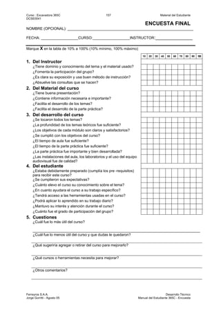 Curso : Excavadora 365C 157 Material del Estudiante
DCSE0041
ENCUESTA FINAL
Ferreyros S.A.A. Desarrollo Técnico
Jorge Gorritti - Agosto 05 Manual del Estudiante 365C - Encuesta
NOMBRE (OPCIONAL): _____________________________________________________________
FECHA: __________________CURSO:__________________INSTRUCTOR:_______________
Marque X en la tabla de 10% a 100% (10% mínimo, 100% máximo)
10 20 30 40 50 60 70 80 90 100
1. Del Instructor
¿Tiene dominio y conocimiento del tema y el material usado?
¿Fomenta la participación del grupo?
¿Es clara su exposición y usa buen método de instrucción?
¿Absuelve las consultas que se hacen?
2. Del Material del curso
¿Tiene buena presentación?
¿Contiene información necesaria e importante?
¿Facilita el desarrollo de los temas?
¿Facilita el desarrollo de la parte práctica?
3. Del desarrollo del curso
¿Se tocaron todos los temas?
¿La profundidad de los temas teóricos fue suficiente?
¿Los objetivos de cada módulo son claros y satisfactorios?
¿Se cumplió con los objetivos del curso?
¿El tiempo de aula fue suficiente?
¿El tiempo de la parte práctica fue suficiente?
¿La parte práctica fue importante y bien desarrollada?
¿Las instalaciones del aula, los laboratorios y el uso del equipo
audiovisual fue de calidad?
4. Del estudiante
¿Estaba debidamente preparado (cumplía los pre -requisitos)
para recibir este curso?
¿Se cumplieron sus expectativas?
¿Cuánto elevo el curso su conocimiento sobre el tema?
¿En cuanto ayudara el curso a su trabajo específico?
¿Tendrá acceso a las herramientas usadas en el curso?
¿Podrá aplicar lo aprendido en su trabajo diario?
¿Mantuvo su interés y atención durante el curso?
¿Cuánto fue el grado de participación del grupo?
5. Cuestiones
¿Cuál fue lo más útil del curso?
_________________________________________________________________________________
¿Cuál fue lo menos útil del curso y que dudas le quedaron?
¿Qué sugeriría agregar o retirar del curso para mejorarlo?
¿Qué cursos o herramientas necesita para mejorar?
¿Otros comentarios?
 