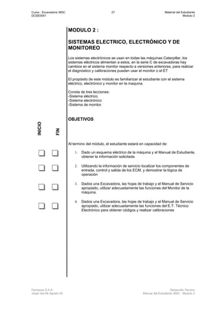 Curso : Excavadora 365C 27 Material del Estudiante
DCSE0041 Modulo 2
Ferreyros S.A.A. Desarrollo Técnico
Jorge Gorritti Agosto 05 Manual del Estudiante 365C - Modulo 2
MODULO 2 :
SISTEMAS ELECTRICO, ELECTRÓNICO Y DE
MONITOREO
Los sistemas electrónicos se usan en todas las máquinas Caterpillar, los
sistemas eléctricos alimentan a estos, en la serie C de excavadoras hay
cambios en el sistema monitor respecto a versiones anteriores, para realizar
el diagnóstico y calibraciones pueden usar el monitor o el ET
El propósito de este módulo es familiarizar al estudiante con el sistema
eléctrico, electrónico y monitor en la maquina.
Consta de tres lecciones:
-Sistema eléctrico.
-Sistema electrónico
-Sistema de monitor.
INICIO
FIN
OBJETIVOS
Al termino del módulo, el estudiante estará en capacidad de:
1. Dado un esquema eléctrico de la máquina y el Manual de Estudiante,
obtener la información solicitada.
2. Utilizando la información de servicio localizar los componentes de
entrada, control y salida de los ECM, y demostrar la lógica de
operación
3. Dados una Excavadora, las hojas de trabajo y el Manual de Servicio
apropiado, utilizar adecuadamente las funciones del Monitor de la
máquina.
4. Dados una Excavadora, las hojas de trabajo y el Manual de Servicio
apropiado, utilizar adecuadamente las funciones del E.T. Técnico
Electrónico para obtener códigos y realizar calibraciones
 