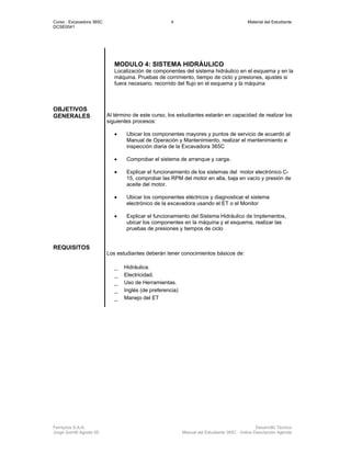 Curso : Excavadora 365C 4 Material del Estudiante
DCSE0041
Ferreyros S.A.A. Desarrollo Técnico
Jorge Gorritti Agosto 05 Manual del Estudiante 365C - Indice Descripción Agenda
MODULO 4: SISTEMA HIDRÁULICO
Localización de componentes del sistema hidráulico en el esquema y en la
máquina. Pruebas de corrimiento, tiempo de ciclo y presiones, ajustes si
fuera necesario, recorrido del flujo en el esquema y la máquina
OBJETIVOS
GENERALES Al término de este curso, los estudiantes estarán en capacidad de realizar los
siguientes procesos:
• Ubicar los componentes mayores y puntos de servicio de acuerdo al
Manual de Operación y Mantenimiento, realizar el mantenimiento e
inspección diaria de la Excavadora 365C
• Comprobar el sistema de arranque y carga.
• Explicar el funcionamiento de los sistemas del motor electrónico C-
15, comprobar las RPM del motor en alta, baja en vacío y presión de
aceite del motor.
• Ubicar los componentes eléctricos y diagnosticar el sistema
electrónico de la excavadora usando el ET o el Monitor
• Explicar el funcionamiento del Sistema Hidráulico de Implementos,
ubicar los componentes en la máquina y el esquema, realizar las
pruebas de presiones y tiempos de ciclo
REQUISITOS
Los estudiantes deberán tener conocimientos básicos de:
_ Hidráulica.
_ Electricidad.
_ Uso de Herramientas.
_ Inglés (de preferencia)
_ Manejo del ET
 