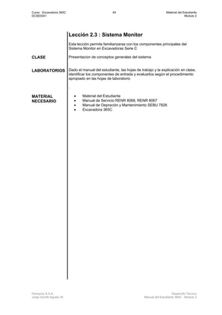 Curso : Excavadora 365C 49 Material del Estudiante
DCSE0041 Modulo 2
Ferreyros S.A.A. Desarrollo Técnico
Jorge Gorritti Agosto 05 Manual del Estudiante 365C - Modulo 2
Lección 2.3 : Sistema Monitor
Esta lección permite familiarizarse con los componentes principales del
Sistema Monitor en Excavadoras Serie C
CLASE Presentacion de conceptos generales del sistema
LABORATORIOS Dado el manual del estudiante, las hojas de trabajo y la explicación en clase,
identificar los componentes de entrada y evaluarlos según el procedimiento
apropiado en las hojas de laboratorio
.
MATERIAL
NECESARIO
• Material del Estudiante
• Manual de Servicio RENR 8068, RENR 8067
• Manual de Oepración y Mantenimiento SEBU 7826
• Excavadora 365C
 