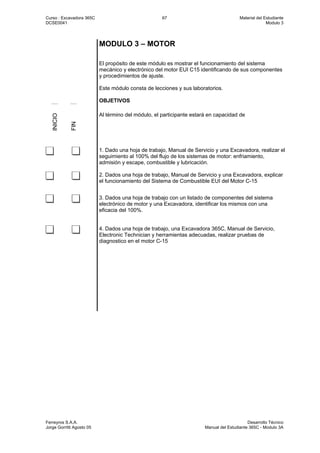 Curso : Excavadora 365C 67 Material del Estudiante
DCSE0041 Modulo 3
Ferreyros S.A.A. Desarrollo Técnico
Jorge Gorritti Agosto 05 Manual del Estudiante 365C - Modulo 3A
MODULO 3 – MOTOR
El propósito de este módulo es mostrar el funcionamiento del sistema
mecánico y electrónico del motor EUI C15 identificando de sus componentes
y procedimientos de ajuste.
Este módulo consta de lecciones y sus laboratorios.
OBJETIVOS
INICIO
FIN
Al término del módulo, el participante estará en capacidad de
1. Dado una hoja de trabajo, Manual de Servicio y una Excavadora, realizar el
seguimiento al 100% del flujo de los sistemas de motor: enfriamiento,
admisión y escape, combustible y lubricación.
2. Dados una hoja de trabajo, Manual de Servicio y una Excavadora, explicar
el funcionamiento del Sistema de Combustible EUI del Motor C-15
3. Dados una hoja de trabajo con un listado de componentes del sistema
electrónico de motor y una Excavadora, identificar los mismos con una
eficacia del 100%.
4. Dados una hoja de trabajo, una Excavadora 365C, Manual de Servicio,
Electronic Technician y herramientas adecuadas, realizar pruebas de
diagnostico en el motor C-15
 