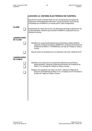 Curso : Excavadora 365C 85 Material del Estudiante
DCSE0041 Modulo 3
Ferreyros S.A.A. Desarrollo Técnico
Jorge Gorritti Agosto 05 Manual del Estudiante 365C - Modulo 3B
LECCIÓN 3.4: SISTEMA ELECTRÓNICO DE CONTROL
Esta lección ayuda a familiarizarse con las características principales del
sistema de control electrónico del motor, sus componentes, las funciones
controladas por el ADEM III y el manejo del ET para el diagnóstico.
CLASE
Presentación de vistas del circuito y de elementos del Sistema Electrónico de
Control del Motor, sistemas que controla el ADEM III y explicación de sus
distintas funciones
LABORATORIO
DE CLASE
Identificar los componentes electrónicos de Entrada y Salida del Motor,
utilizando el Esquema Eléctrico RENR7307, el Manual de Solución de
Problemas de Motor C-15 RENR5092 y la Hoja de Trabajo en Clase y
Campo
Discutir sobre los resultados de una evaluación del motor utilizando el ET,
LABORATORIO
DE CAMPO
Identificar en la máquina los componentes electrónicos de Entrada y
Salida del Motor, utilizando el Manual de Solución de Problemas de
Motor C-15 y la Hoja de Trabajo en Clase y Campo
Realizar una evaluación del motor con el ET, utilizando el Manual de
Solución de Problemas de Motor C-15, una laptop con ET licenciado y
la Hoja de Trabajo en Clase y Campo.
 