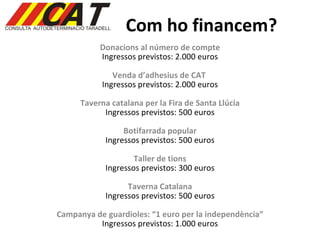 Com ho financem? Donacions al número de compte Ingressos previstos: 2.000 euros Venda d’adhesius de CAT  Ingressos previstos: 2.000 euros Taverna catalana per la Fira de Santa Llúcia Ingressos previstos: 500 euros Botifarrada popular Ingressos previstos: 500 euros Taller de tions Ingressos previstos: 300 euros Taverna Catalana Ingressos previstos: 500 euros Campanya de guardioles: “1 euro per la independència” Ingressos previstos: 1.000 euros 
