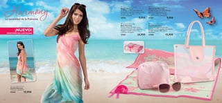 



2524
La serenidad de la Polinesia
¡NUEVO!
EXISTENCIAS LIMITADAS
Harmony Beach Dress
Vestido Harmony
Talla única. Accesorio.
27594 15,95€
 Harmony Beach Pouch
Bolsito Harmony
Un bolsito perfecto para llevar tus
accesorios en los días de playa en paja
de color rosa. Tamaño: 17 x 16.5
x 5 cm. Accesorio.
27592 9,95€
 Harmony Beach Bag
Bolso Harmony
Practico bolso para llevar en tus
momentos de playa más relajantes.
Poliéster. Tamaño: 37.5 x 31.5
x 15.5 cm. Accesorio.
27591 24,95€
 Harmony Beach Sunglasses
Gafas de Sol Harmony
Protege tus ojos con estas estilosas
gafas de sol de montura rosa.
Protección 100% UV. Tamaño:
14 x 14.5 x 5.5 cm. Accesorio.
27597 9,95€
 Harmony Beach Mat
Esterilla Harmony
Disfruta del momento con esta
preciosa esterilla de playa con motivos
ﬂorales. Tamaño: 180 x 60 cm.
Accesorio.
27590 15,95€
 