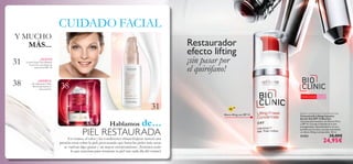 31
38
31
38
CUIDADO FACIAL
Y MUCHO
MÁS...
Hablamos de…
Bioclinic Lifting Power Concentrate Day
Concentrado Lifting Intensivo
Acción Día SPF 15 Bioclinic
Concentrado Intensivo con Retinol Puro
y SPF 15. Corrige la ﬂacidez de la piel
protegiéndola, devolviéndole la tersura
perdida con los años y proporcionándole
un efecto lifting incomparable. 30 ml.
21353 38,00€
24,95€
Efecto lifting con SPF 15
SPF
15
Flacidez en la piel
Para todas
las edades
¡NUEVO!
Loción Facial Anti-Manchas
Even Out, ¡con factor de
protección SPF 30!
¡OFERTA!
¡Tu tratamiento Time
Reversing Intense al
mejor precio!
PIEL RESTAURADAEn verano, el calor y las condiciones climatológicas ejercen una
presión extra sobre la piel, provocando que hasta las pieles más secas
se vuelvan algo grasas y un mayor envejecimiento. ¡Tenemos todo
lo que necesitas para restaurar tu piel tras cada día del verano!
Restaurador
efecto lifting
¡sin pasar por
el quirófano!
 