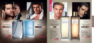 blackblack
pepperblack pepperblack
black
pepperblack pepperblack
 


7372
¡NUEVO!
 Men’s Collection Citrus Tonic
Eau de Toilette
Eau de Toilette Men´s
Collection Citrus Tonic
Llena tu día de energía y
frescura con el revitalizante
aroma de Citrus Tonic. Notas
de madera que abren un aroma
con fondo cítrico y que
expresan la seguridad del
hombre y su verdadera
conﬁanza. 75 ml.
30058 23,00€
16,95€
Tónica, Madera, Lima
 Men’s Collection Dark Wood
Eau de Toilette
Eau de Toilette Men´s
Collection Dark Wood
Un aroma cálido y masculino con
notas de madera de Gaiac
inspiradas en el poder de la noche
y su aura seductora. 75 ml.
30059 23,00€
16,95€
Café negro, Hojas deVioleta,
acordesVu-huong
paraél
Azafrán, Pimienta negra,
Acordes marinos
Pimienta negra, Madera de Gaiac,
Tabaco
 Manful Eau de Toilette
Eau de Toilette Manful
Despierta tus sentidos y
desprende masculinidad con el
seductor aroma del Azafrán, la
corteza de Canela y el Haba
Tonka tostada. 75 ml.
26764 31,00€
22,95€
 Rival Eau de Toilette
Eau de Toilette Rival
Descubre el intenso aroma del Eau
de Toilette Rival. Revitalizantes
notas de Café negro y estimulantes
acordes de Vu-huong suavizados
con hojas de Violetas. ¡Súbete al
ring y a por todas! 75 ml.
25488 23,00€
17,95€
 