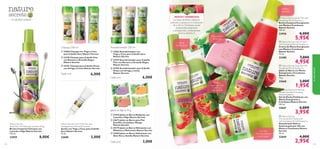 














123122
Nature Secrets Hot Oil for Dry and
Damaged Hair Wheat & Coconut
Aceite con Trigo y Coco para Cabello
Seco Nature Secrets
15 ml.
22698 3,00€
Nature Secrets
Body Mist with Relaxing Lavender & Fig
Bruma Corporal Calmante con
Lavanda e Higo Nature Secrets
150 ml.
23959 8,00€
 Nature Secrets Hand Cream
with Energising Mint & Raspberry
Crema de Manos Energizante
con Menta y Frambuesa
Nature Secrets
75 ml.
23400 7,00€
4,95€
 Nature Secrets Exfoliating
Shower Gel with Energising
Mint & Raspberry
Gel de Ducha Exfoliante con
Menta Energizante y
Frambuesa Nature Secrets
250 ml.
22667 6,00€
3,95€
 Nature Secrets
Anti-perspirant Deodorant
with Energising Mint & Raspberry
Desodorante Roll-on
Antitranspirante 24h con
Menta y Frambuesa Nature
Secrets
50 ml.
22669 4,00€
2,95€
 Nature Secrets Soap Bar with
Energising Mint & Raspberry
Jabón en Barra con Menta
Energizante y Frambuesa
Nature Secrets
75 g.
22668 3,00€
1,95€
 Nature Secrets Body Mist with
Energising Mint & Raspberry
Bruma Corporal Energizante
con Menta y Frambuesa
Nature Secrets
150 ml.
23958 8,00€
5,95€
Jabón en Barra 75 g
Cada uno
Cada uno
Cada uno
MENTAY FRAMBUESA
Las hojas de Menta refrescan,
estimulan y potencian la hidratación
de la piel. La Frambuesa posee
propiedades protectoras
y energizantes y antioxidantes
como la vitamina C.
lomásnatural
 Nature Secrets Body Mist with

¡No deja
manchas blancas
en la ropa!
Crema
especialmente
nutritiva y
regenerante
Dulce aroma
en tu piel
Exfolia y
revitaliza
¡Spray
revitalizante!
– un secreto natural –
Acondicionador 250 mlChampú 250 ml
 21860 Champú con Trigo y Coco
para Cabello Seco Nature Secrets
 23278 Champú para Cabello Fino
con Romero y Grosella Negra
Nature Secrets
 22701 Champú para Cabello Graso
con Ortiga y Limón Nature Secrets
6,00€
 23410 Jabón en Barra Relajante con
Lavanda e Higo Nature Secrets
 22672 Jabón en Barra para Piel
Sensible con Jojoba y Mango
Nature Secrets
 25179 Jabón en Barra Hidratante con
Albahaca y Melocotón Nature Secrets
 24204 Jabón en Barra Hidratante con
Aloe Vera y Sandía Nature Secrets
3,00€
 21862 Acondicionador con
Trigo y Coco para Cabello Seco
Nature Secrets
 23279 Acondicionador para Cabello
Fino con Romero y Grosella Negra
Nature Secrets
 22702 Acondicionador para Cabello
Graso con Ortiga y Limón
Nature Secrets
6,00€
 