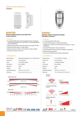 39
Wireless Motion Detectors
Outdoor
Specifications
Detection Range Bi-directional, independent, 2 x 3 to 12m (9.8 to 39 ft)
Pet Immunity Up to 40 kg (90 lb)
Power 3 x AA alkaline batteries
RF Frequency 433 or 868 MHz
Battery Life 3 years
IP Rating IPX4
Operating Temperature -35 to 50 °C (-31 to 122 °F)
Dimensions 9 x 5.5 x 4 cm (3.5 x 2.2 x 1.6 in.)
NVR780
Wireless Digital Outdoor Dual Side-View
Curtain Detector
Features
4 x dual element PIR sensors with 8 narrow detection beams, managed by
Full Authority Digital Electronics Control (FADEC) to provide reliable detection
and reduce false alarms
Single / Dual Zone operation modes: Send reports on each single / both sides
Increased white light rejection for reliable detection
Bright LED and buzzer indicator for clear feedback in outdoor conditions
Dual tamper mechanism (wall / cover)
EN 50131
GRADE 2
EN 50130-5
CLASS IV
EN 45011
SYSTEM 5
PMD85
Wireless Outdoor Digital Dual-Optic
PIR Motion Detector
Features
2 x Dual-opposed element PIR sensors
Increased white light rejection for highly reliable detection
Available with 1 of 3 lenses: Pet Array, Horizontal Curtain Beam, or Vertical
Curtain Beam
Dual-optical Filtering System, with UV-protected lens
Auto-Pulse Signal Processing* (APSP) with temperature compensation
Multi-level sensitivity adjustment
Can be used with SB85 Heavy Duty Outdoor Swivel Bracket
Specifications
Detection Range 11 x 11m (36 ft); 90° - Pet Array
Pet Immunity Up to 40 kg (90 lb)
Power 3 x AA alkaline batteries
RF Frequency 433 or 868 MHz
Battery Life 3 years
IP Rating IPX4
Operating Temperature -35 to 50 °C (-31 to 122 °F)
Dimensions 7.9 x 17.5 x 6.6 cm (3.1 x 6.9 x 2.6 in.)
Pet Array
18
44
Pet Array Horizontal Curtain Beam Vertical Curtain Be
TOP VIEW
SIDE VIEW SIDE VIEW SIDE VIEW
TOP VIEW TOP VIEW
1.1m
(3.6ft)
2.1m
(7ft)
0
2.1m
(7ft)
0
85°
90°
5.64°
4m
(13.1ft)
4m
(13.1ft)
8m
(26.3ft)
12m
(39.4ft)
4m
(13.1ft)
6m
(19.7ft)
6m
(19.7ft)
4m
(13.1ft)
2m
(6.6ft)
2m
(6.6ft)
0
6m
(19.7ft)
8m
(26.3ft)
10m
(32.8ft)
12m
(39.4ft)
4m
(13.1ft)
2m
(6.6ft)
6m
(19.7ft)
8m
(26.3ft)
10m
(32.8ft)
12m
(39.4ft)
4m
(13.1ft)
2m
(6.6ft)
0
08m
(26.3ft)
8m
(26.3ft)
12m
(39.4ft)
12m
(39.4ft)
4m
(13.1ft)
4m
(13.1ft)
0 6m
(19.7ft)
8m
(26.3f
4m
(13.1ft)
2m
(6.6ft)
Pet Array Horizontal Curtain Beam
TOP VIEW
SIDE VIEW SIDE VIEW
TOP VIEW
1.1m
(3.6ft)
2.1m
(7ft)
0
85°
90°
4m
(13.1ft)
6m
(19.7ft)
6m
(19.7ft)
4m
(13.1ft)
2m
(6.6ft)
2m
(6.6ft)
0
6m
(19.7ft)
8m
(26.3ft)
10m
(32.8ft)
12m
(39.4ft)
4m
(13.1ft)
2m
(6.6ft)
6m
(19.7ft)
8m
(26.3ft)
10m
(32.8ft) (
4m
(13.1ft)
2m
(6.6ft)
0
08m
(26.3ft)
8m
(26.3ft)
12m
(39.4ft) (
4m
(13.1ft)
4m
(13.1ft)
18
44
Pet Array Horizontal Curtain Beam Vertical Curtain Beam
TOP VIEW
SIDE VIEW SIDE VIEW SIDE VIEW
TOP VIEW TOP VIEW
1.1m
(3.6ft)
2.1m
(7ft)
0
2.1m
(7ft)
0
85°
90°
5.64°
4m
(13.1ft)
4m
(13.1ft)
8m
(26.3ft)
8m
(26.3ft)
12m
(39.4ft)
12m
(39.4ft)
4m
(13.1ft)
6m
(19.7ft)
6m
(19.7ft)
4m
(13.1ft)
2m
(6.6ft)
2m
(6.6ft)
0
6m
(19.7ft)
8m
(26.3ft)
10m
(32.8ft)
12m
(39.4ft)
4m
(13.1ft)
2m
(6.6ft)
6m
(19.7ft)
8m
(26.3ft)
10m
(32.8ft)
12m
(39.4ft)
4m
(13.1ft)
2m
(6.6ft)
0
08m
(26.3ft)
8m
(26.3ft)
12m
(39.4ft)
12m
(39.4ft)
4m
(13.1ft)
4m
(13.1ft)
0 6m
(19.7ft)
8m
(26.3ft)
10m
(32.8ft)
12m
(39.4ft)
4m
(13.1ft)
2m
(6.6ft)
6m
(20ft)
2m
(6.6ft)
4m
(13.1ft)
0
18
44
Pet Array Horizontal Curtain Beam Vertical Curtain Beam
TOP VIEW
SIDE VIEW SIDE VIEW SIDE VIEW
TOP VIEW TOP VIEW
1.1m
(3.6ft)
2.1m
(7ft)
0
2.1m
(7ft)
0
85°
90°
5.64°
4m
(13.1ft)
4m
(13.1ft)
8m
(26.3ft)
8m
(26.3ft)
12m
(39.4ft)
12
(39.4
4m
(13.1ft)
6m
(19.7ft)
6m
(19.7ft)
4m
(13.1ft)
2m
(6.6ft)
2m
(6.6ft)
0
6m
(19.7ft)
8m
(26.3ft)
10m
(32.8ft)
12m
(39.4ft)
4m
(13.1ft)
2m
(6.6ft)
6m
(19.7ft)
8m
(26.3ft)
10m
(32.8ft)
12m
(39.4ft)
4m
(13.1ft)
2m
(6.6ft)
0
08m
(26.3ft)
8m
(26.3ft)
12m
(39.4ft)
12m
(39.4ft)
4m
(13.1ft)
4m
(13.1ft)
0 6m
(19.7ft)
8m
(26.3ft)
10m
(32.8ft) (3
4m
(13.1ft)
2m
(6.6ft)
18
44
Pet Array Horizontal Curtain Beam Vertical Curtain Beam
TOP VIEW
SIDE VIEW SIDE VIEW SIDE VIEW
TOP VIEW TOP VIEW
1.1m
(3.6ft)
2.1m
(7ft)
0
2.1m
(7ft)
0
85°
90°
5.64°
4m
(13.1ft)
4m
(13.1ft)
8m
(26.3ft)
8m
(26.3ft)
12m
(39.4ft)
12m
(39.4ft)
4m
(13.1ft)
6m
(19.7ft)
6m
(19.7ft)
4m
(13.1ft)
2m
(6.6ft)
2m
(6.6ft)
0
6m
(19.7ft)
8m
(26.3ft)
10m
(32.8ft)
12m
(39.4ft)
4m
(13.1ft)
2m
(6.6ft)
6m
(19.7ft)
8m
(26.3ft)
10m
(32.8ft)
12m
(39.4ft)
4m
(13.1ft)
2m
(6.6ft)
0
08m
(26.3ft)
8m
(26.3ft)
12m
(39.4ft)
12m
(39.4ft)
4m
(13.1ft)
4m
(13.1ft)
0 6m
(19.7ft)
8m
(26.3ft)
10m
(32.8ft)
12m
(39.4ft)
4m
(13.1ft)
2m
(6.6ft)
6m
(20ft)
2m
(6.6ft)
4m
(13.1ft)
0
18
44
Pet Array Horizontal Curtain Beam Vertical Curtain Beam
TOP VIEW
SIDE VIEW SIDE VIEW SIDE VIEW
TOP VIEW TOP VIEW
1.1m
(3.6ft)
2.1m
(7ft)
0
2.1m
(7ft)
0
85°
90°
5.64°
4m
(13.1ft)
4m
(13.1ft)
8m
(26.3ft)
8m
(26.3ft)
12m
(39.4ft)
12m
(39.4ft)
4m
(13.1ft)
6m
(19.7ft)
6m
(19.7ft)
4m
(13.1ft)
2m
(6.6ft)
2m
(6.6ft)
0
6m
(19.7ft)
8m
(26.3ft)
10m
(32.8ft)
12m
(39.4ft)
4m
(13.1ft)
2m
(6.6ft)
6m
(19.7ft)
8m
(26.3ft)
10m
(32.8ft)
12m
(39.4ft)
4m
(13.1ft)
2m
(6.6ft)
0
08m
(26.3ft)
8m
(26.3ft)
12m
(39.4ft)
12m
(39.4ft)
4m
(13.1ft)
4m
(13.1ft)
0 6m
(19.7ft)
8m
(26.3ft)
10m
(32.8ft)
12m
(39.4ft)
4m
(13.1ft)
2m
(6.6ft)
6m
(20ft)
2m
(6.6ft)
4m
(13.1ft)
0
Top View
Horizontal Curtain Beam
Vertical Curtain Beam
Top View
Top View
Side View
Side View
Side View
Wall (Top View)
Side View
2m (6.6 ft) ~
1m (3.3 ft) ~
1.5m (4.9 ft)
2m (6.6 ft) ~
1m (3.3 ft) ~
1.5m (4.9 ft)
0 degrees position
3 degrees position
0 2m
(6.5ft)
2m
(6.5ft)
4m
(13ft)
4m
(13ft)
6m
(20ft)
6m
(20ft)
8m
(26ft)
8m
(26ft)
10m
(33ft)
10m
(33ft)
12m
(39ft)
12m
(39ft)
0 degrees
3 degrees
0 degrees
3 degrees
* Patented
 