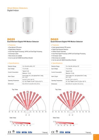 Wired Motion Detectors
Digital Indoor
DG55
Dual Element Digital PIR Motion Detector
Features
Dual element PIR sensor
Digital Motion Detection
Auto-Pulse Signal Processing* (APSP) and Dual Edge Processing
Anti-tamper switch
More lenses are available
Can be used with SB469 Swivel-Mount Bracket
Specifications
Detection Range 12 x 12m (40 x 40 ft); 110°
Input Voltage 11 to 16 Vdc
Current Consumption
Typical: 6 mA
Maximum: 15 mA
Alarm Output
Form A relay, N.C. and optional form C relay,
N.C. / N.O.
Operating Temperature
5 to 40 °C (41 to 104 °F)
UL / ULC Tested: 0 to 49 °C (32 to 120 °F)
Dimensions 6.6 x 9.9 x 6.1 cm (2.6 x 3.9 x 2.4 in.)
EN 50131
GRADE 2
EN 50130-5
CLASS I
DG65
Quad Element Digital PIR Motion Detector
Features
Quad opposed element PIR sensors
Digital Dual-Opposed Detection
Interlock Sensor Geometry
Auto-Pulse Signal Processing* (APSP) and Dual Edge Processing
Anti-tamper switch
More lenses are available
Can be used with SB469 Swivel-Mount Bracket
Specifications
Detection Range 12 x 12m (40 x 40 ft) at 110°
Input Voltage 11 to 16 Vdc
Current Consumption
Typical: 6 mA
Maximum: 15 mA
Alarm Output
Form A relay, N.C. and optional form C relay,
N.C. / N.O.
Operating Temperature
5 to 40 °C (41 to 104 °F)
UL / ULC Tested: 0 to 49 °C (32 to 120 °F)
Dimensions 6.6 x 9.9 x 6.1 cm (2.6 x 3.9 x 2.4 in.)
Top View Top View
Side View Side View
EN 50131
GRADE 2
EN 50130-5
CLASS I * Patented* Patented
EN 45011
SYSTEM 5
2.1m
(7ft)
0 2m
(6.5ft)
2m
(6.5ft)
4m
(13ft)
4m
(13ft)
6m
(20ft)
6m
(20ft)
8m
(26ft)
8m
(26ft)
10m
(33ft)
10m
(33ft)
12m
(39ft)
12m
(39ft)
1.2m
(4ft)
1.2m
(4ft)
110°
110°
0 2m
(6.5ft)
4m
(13ft)
6m
(20ft)
8m
(26ft)
10m
(33ft)
12m
(39ft)
2.1m
(7ft)
0 2m
(6.5ft)
2m
(6.5ft)
4m
(13ft)
4m
(13ft)
6m
(20ft)
6m
(20ft)
8m
(26ft)
8m
(26ft)
10m
(33ft)
10m
(33ft)
12m
(39ft)
12m
(39ft)
1.2m
(4ft)
1.2m
(4ft)
110°
110°
0 2m
(6.5ft)
4m
(13ft)
6m
(20ft)
8m
(26ft)
10m
(33ft)
12m
(39ft)
2.1m
(7ft)
0 2m
(6.5ft)
2m
(6.5ft)
4m
(13ft)
4m
(13ft)
6m
(20ft)
6m
(20ft)
8m
(26ft)
8m
(26ft)
10m
(33ft)
10m
(33ft)
12m
(39ft)
12m
(39ft)
1.2m
(4ft)
1.2m
(4ft)
110°
110°
0 2m
(6.5ft)
4m
(13ft)
6m
(20ft)
8m
(26ft)
10m
(33ft)
12m
(39ft)
2.1m
(7ft)
0 2m
(6.5ft)
2m
(6.5ft)
4m
(13ft)
4m
(13ft)
6m
(20ft)
6m
(20ft)
8m
(26ft)
8m
(26ft)
10m
(33ft)
10m
(33ft)
12m
(39ft)
12m
(39ft)
1.2m
(4ft)
1.2m
(4ft)
110°
110°
0 2m
(6.5ft)
4m
(13ft)
6m
(20ft)
8m
(26ft)
10m
(33ft)
12m
(39ft)
44
 