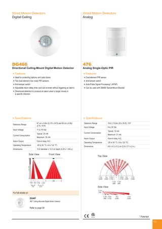 Wired Motion Detectors
Digital Ceiling
DG466
Directional Ceiling-Mount Digital Motion Detector
Features
Ideal for protecting balcony and patio doors
Two dual element, low noise PIR sensors
Anti-tamper switch
Adjustable return delay timer (exit and re-enter without triggering an alarm)
Directional detection to produce an alarm when a target moves in
a specific direction
Specifications
Detection Range
67 cm x 4.8m (2.2 ft x 16 ft) and 60 cm x 4.8m
(2 ft x 16 ft)
Input Voltage 11 to 16 Vdc
Current Consumption
Typical: 25 mA
Maximum: 35 mA
Alarm Output Form A relay, N.C.
Operating Temperature -20 to 50 °C (-4 to 122 °F)
Dimensions 10.8 diameter x 13.5 cm depth (4.25 x 1.38 in.)
Side View Front View
-30cm
(-1ft)
0
30cm
(1ft)
60cm
(2ft)
67cm
(2.2ft)
45cm
(1.5ft)
113cm
(3.7ft)
4.8m
(16ft)
2.4m(8ft)
Side View Front View
Wired Motion Detectors
Analog
476
Analog Single-Optic PIR
Features
Dual element PIR sensor
Anti-tamper switch
Auto-Pulse Signal Processing* (APSP)
Can be used with SB469 Swivel-Mount Bracket
Specifications
Detection Range 10.6 x 10.6m (35 x 35 ft); 110°
Input Voltage 9 to 16 Vdc
Current Consumption
Typical: 15 mA
Maximum: 31 mA
Alarm Output Form A relay, N.C.
Operating Temperature -20 to 50 °C (-4 to 122 °F)
Dimensions 6.6 x 9.3 x 5.2 cm (2.6 x 3.7 x 2 in.)
Top View
Side View
11m
(35ft)
2.1m
(7ft)
11m
(35ft)
11m
(35ft)
7m
(23ft)
7m
(23ft)
7m
(23ft)
3.5m
(11ft)
3.5m
(11ft)
3.5m
(11ft)
1.2m
(4ft)
1.2m
(4ft)
1.2m
(4ft)
0
110°
Top View
Side View
For full details on:
DG467
360° Ceiling-Mounted Digital Motion Detector
Refer to page 09
* Patented
46
 