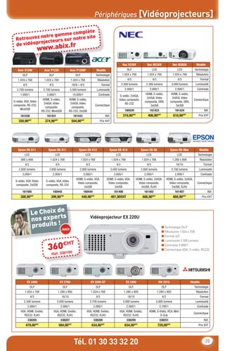 Périphériques [Vidéoprojecteurs]

                         omplète
               e gamme c
 Retrouvez notr urs sur notre site
           ojecte
 de vidéopr           .fr
                       www.abix

                                                                                                         Nec V230X             Nec M230X                Nec M300X            Modèle
   Acer X1240              Acer P1220                Acer P1206P             Modèle                          DLP                    LCD                     LCD            Technologie
       DLP                    DLP                        DLP                 Technologie                1.024 x 768            1.024 x 768              1.024 x 768         Résolution
   1.024 x 768             1.024 x 768               1.024 x 768              Résolution                     4/3                    4/3                     4/3                  Format
       4/3                    4/3                     16/9 – 4/3                   Format               2.300 lumens          2.300 lumens              3.000 lumens        Luminosité
  2.700 lumens           2.700 lumens                3.500 lumens            Luminosité                   2.000/1                2.000/1                  2.000/1            Contraste
     1.000/1                3.000/1                    10.000/1                Contraste                                      HDMI, S-vidéo,           HDMI, S-vidéo,
                                                                                                    S-vidéo, 2xVGA,
                                                                                                                               2xVGA, Video             2xVGA, Video
                         HDMI, S-vidéo,             HDMI, S-vidéo,                                  Video composite,                                                       Connectique
S-vidéo, VGA, Video                                                                                                          composite, DB9,          composite, DB9,
                          2xVGA, Video               2xVGA, Video                                       RS-232
composite, RS-232,                                                          Connectique                                           3xUSB                    3xUSB
                           composite,                 composite,
     MiniUSB                                                                                              160439                 161423                   161424                   Réf.
                        RS-232, MiniUSB             RS-232, 2xUSB
     161430                 161431                     161433                          Réf.              319,90€HT             406,90€HT                 610,90€HT            Prix €HT
    350,90€HT              374,90€HT                  504,90€HT                 Prix €HT




   Epson EB-S11               Epson EB-X11                 Epson EB-X12                   Epson EB-X14                    Epson EB-95                 Epson EB-96w             Modèle
         LCD                        LCD                            LCD                            LCD                         LCD                           LCD               Technologie
      800 x 600                1.024 x 768                     1.024 x 768                    1.024 x 768                 1.024 x 768                   1.280 x 800            Résolution
         4/3                         4/3                           4/3                            4/3                         4/3                          16/10                   Format
    2.600 lumens              2.600 lumens                  2.800 lumens                      3.000 lumens                2.600 lumens                  2.700 lumens          Luminosité
       3.000/1                   2.000/1                        3.000/1                         3.000/1                     2.000/1                       2.000/1                Contraste
                                                         HDMI, S-vidéo, VGA,            HDMI, S-vidéo, VGA,           HDMI, S-vidéo, 2xVGA,        HDMI, S-vidéo, 2xVGA,
 S-vidéo, VGA, Video        S-vidéo, VGA, Video
                                                          Video composite,               Video composite,               Video composite,             Video composite,        Connectique
 composite, 2xUSB           composite, RS-232
                                                               2xUSB                          2xUSB                       2xUSB, RJ45                  2xUSB, RJ45
       161400                    160445                           160444                        161406                      161402                        161407                      Réf.
     308,90€HT                  399,90€HT                      448,90€HT                      481,90€HT                    606,90€HT                     668,90€HT                Prix €HT



                          e
               Le Choix d s
               nos expert                                                Vidéoprojecteur EX 220U

               produits !                                                                                                                    ■ Technologie DLP
                                                                                                                                             ■ Résolution 1.024 x 768
                                                                                                                                             ■ Format 4/3

                                  €HT
                                                                                                                                             ■ Luminosité 2.500 lumens

                             36.0 8199
                                33
                                                                                                                                             ■ Contraste 2.000/1
                                                                                                                                             ■ Connectique VGA, S-vidéo, RS232
                                Réf




          EX 240U                          EX 270U                       EX 320U-ST                         EX 330U                        EW 331U                      Modèle
               DLP                          DLP                              DLP                              DLP                            DLP                           Technologie
         1.024 x 768                   1.280 x 800                       1.024 x 768                      1.280 x 800                     1.280 x 800                       Résolution
               4/3                          16/10                            4/3                             16/10                           4/3                                 Format
        2.500 lumens                  2.600 lumens                    2.700 lumens                       3.000 lumens                  3.000 lumens                         Luminosité
             2.000/1                       2.000/1                         2.000/1                          2.000/1                        2.700/1                           Contraste
      VGA, HDMI, Svidéo,            VGA, HDMI, Svidéo,              VGA, HDMI, Svidéo,              VGA, HDMI, Svidéo,          HDMI, S-Vidéo, RCA, Mini
                                                                                                                                                                           Connectique
        RS232, RJ45                   RS232, RJ45                     RS232, RJ45                     RS232, RJ45                       D-Sub
             338205                        338207                          338208                           338209                         338251                                  Réf.
         479,00€HT                     584,00€HT                         634,00€HT                        634,00€HT                       729,00€HT                           Prix €HT




                                                       Tél. 01 30 33 32 20                                                                                                          25
 