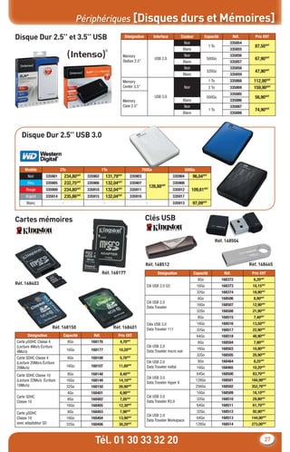 Périphériques [Disques durs et Mémoires]
Disque Dur 2.5’’ et 3.5’’ USB                                           Désignation            Interface         Couleur            Capacité             Réf.      Prix €HT
                                                                                                                    Noir                             335854
                                                                                                                                       1 To                        87,50€HT
                                                                                                                  Blanc                              335855
                                                                       Memory                                       Noir                             335856
                                                                       Station 2.5’’
                                                                                                USB 2.0                              500Go                         67,90€HT
                                                                                                                  Blanc                              335857
                                                                                                                    Noir                             335858
                                                                                                                                     320Go                         47,90€HT
                                                                                                                  Blanc                              335859
                                                                       Memory                                                          1 To          335868       112,90€HT
                                                                       Center 3.5’’                                 Noir               2 To          335869       159,90€HT
                                                                                                                                                     335885
                                                                                                USB 3.0                              500Go                         56,90€HT
                                                                       Memory                                     Blanc                              335886
                                                                       Case 2.5’’                                   Noir                             335887
                                                                                                                                       1 To                        74,90€HT
                                                                                                                  Blanc                              335888




   Disque Dur 2.5’’ USB 3.0



     Modèle                2To                        1To                              750Go                        500Go
       Noir       335901        234,80€HT   335902         131,79€HT       335903                          335904          96,04€HT
      Bleu        335905        232,75€HT   335906         132,04€HT       335907                          335908
                                                                                             126,88€HT
     Rouge        335909        234,80€HT   335910         132,04€HT       335911                          335912          109,61€HT
     Argent       335914        235,86€HT   335915         132,04€HT       335916                          335917
      Blanc                 -                          -                                 -                 335913          97,09€HT


Cartes mémoires                                                                         Clés USB

                                                                                                                                              Réf. 168504




                                                                                        Réf. 168512                                                             Réf. 168465
                                                      Réf. 168177                                Désignation                Capacité              Réf.           Prix €HT
                                                                                                                              8Go                168372           6,20€HT
Réf. 168403                                                                              Clé USB 2.0 G3                      16Go                168373          10,15€HT
                                                                                                                             32Go                168374          18,90€HT
                                                                                                                              8Go                168506           8,90€HT
                                                                                         Clé USB 2.0
                                                                                                                             16Go                168507          12,90€HT
                                                                                         Data Traveler
                                                                                                                             32Go                168508          21,90€HT
                                                                                                                              8Go                168515           7,40€HT
                                                                                         Clés USB 3.0                        16Go                168516          13,50€HT
                      Réf. 168150                              Réf. 168401               Data Traveler 111                   32Go                168517          22,90€HT
      Désignation           Capacité           Réf.              Prix €HT                                                    64Go                168518          48,90€HT
Carte µSDHC Classe 4             8Go         168176               4,70€HT                                                     8Go                168504           7,90€HT
(Lecture 4Mo/s Écriture                                                                  Clé USB 2.0
                                 16Go        168177               10,20   €HT                                                16Go                168503          10,80€HT
4Mo/s)                                                                                   Data Traveler micro noir
                                                                                                                             32Go                168505          20,90€HT
Carte SDHC Classe 4              8Go         168108               5,70€HT
(Lecture 20Mo/s Écriture                                                                 Clé USB 2.0                          8Go                168464           8,25€HT
20Mo/s)                          16Go        168107               11,60€HT               Data Traveler métal                 16Go                168465          10,20€HT
Carte SDHC Classe 10             8Go         168148               8,40€HT                                                    64Go                168500          83,70€HT
                                                                                         Clé USB 3.0
(Lecture 22Mo/s Écriture         16Go        168149               14,10   €HT                                                128Go               168501          184,99€HT
                                                                                         Data Traveler Hyper X
18Mo/s)                          32Go        168150               26,90€HT                                                   256Go               168502          352,70€HT
                                 4Go         168401               6,90€HT                                                    16Go                168509          18,10€HT
Carte SDHC                                                                               Clé USB 3.0
                                 8Go         168402               7,05   €HT                                                 32Go                168510          29,80€HT
Classe 10                                                                                Data Traveler R3.0
                                 16Go        168405               12,30€HT                                                   64Go                168511          61,70€HT
Carte µSDHC                      8Go         168403               7,90€HT                                                    32Go                168512          92,90€HT
                                                                                         Clé USB 2.0
Classe 10                        16Go        168404               13,90   €HT                                                64Go                168513          144,00€HT
                                                                                         Data Traveler Workspace
avec adaptateur SD               32Go        168406               30,20€HT                                                   128Go               168514          273,00€HT



                                               Tél. 01 30 33 32 20                                                                                                          27
 